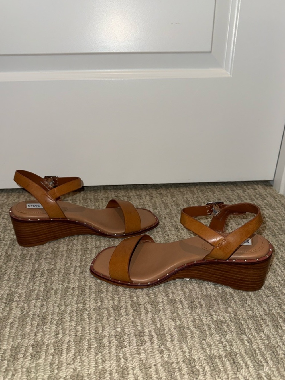 Steve Madden Cognac Leather Cross-Strap Wedge Sandals